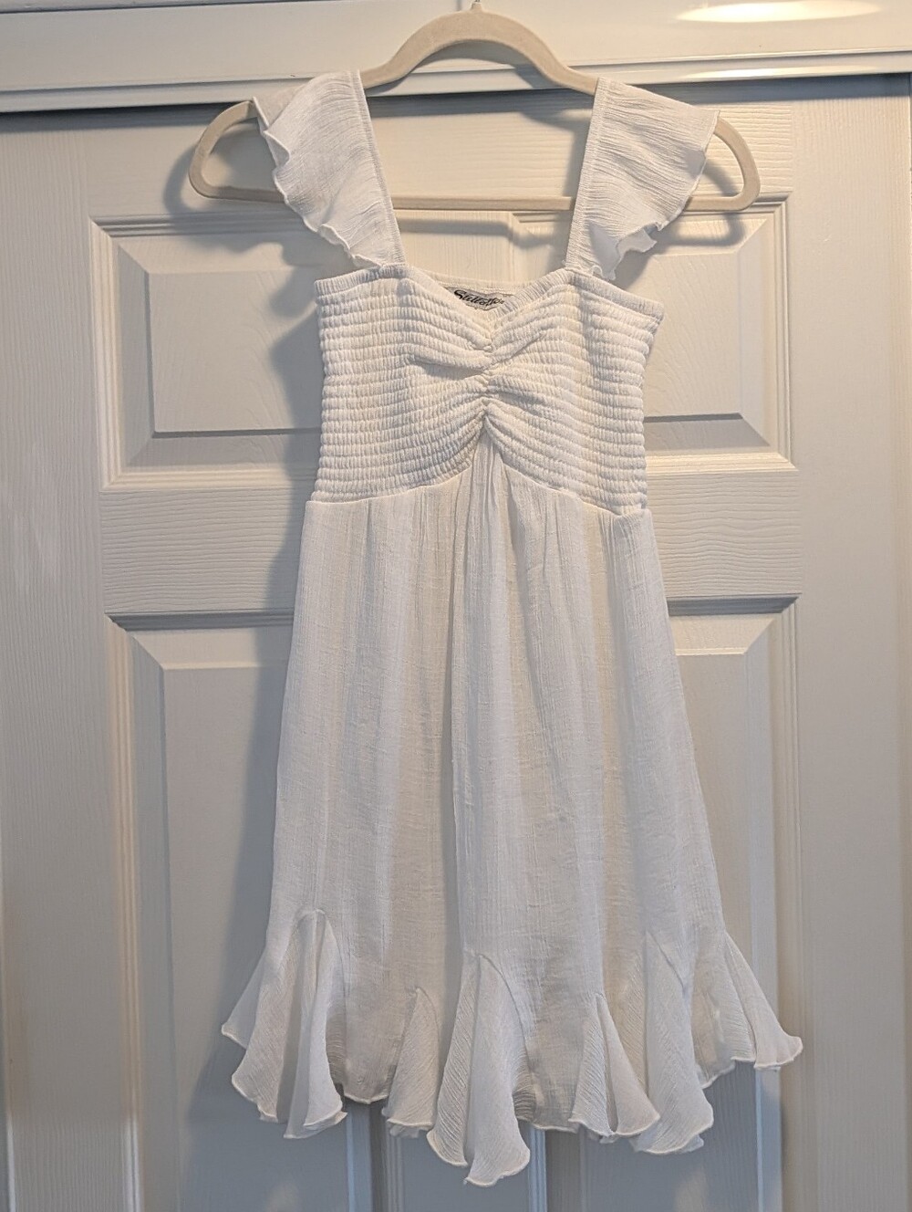 White Ruffled Midi Dress with Smocked Bodice